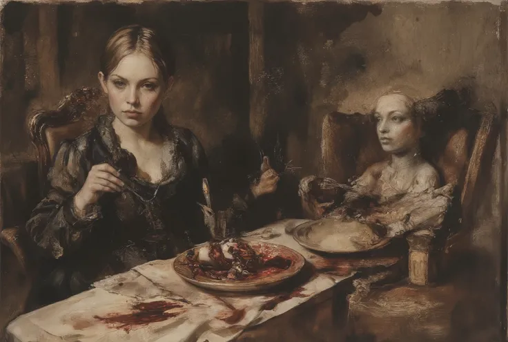 A haunting oil painting depicts a young girl seated behind a dimly lit, ornate dinner table in a posh, yet eerie dining room. Her Victorian-era dress and side braids are juxtaposed with the gruesome plate before her, filled with blood and a mangled human f...