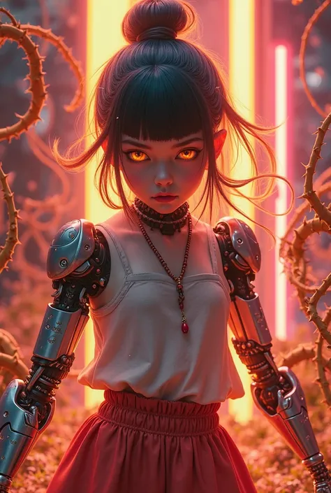 hybrid robot and human, very young girl, katana hands, neon light, fiery hair, fire in eyes, thorns, plants