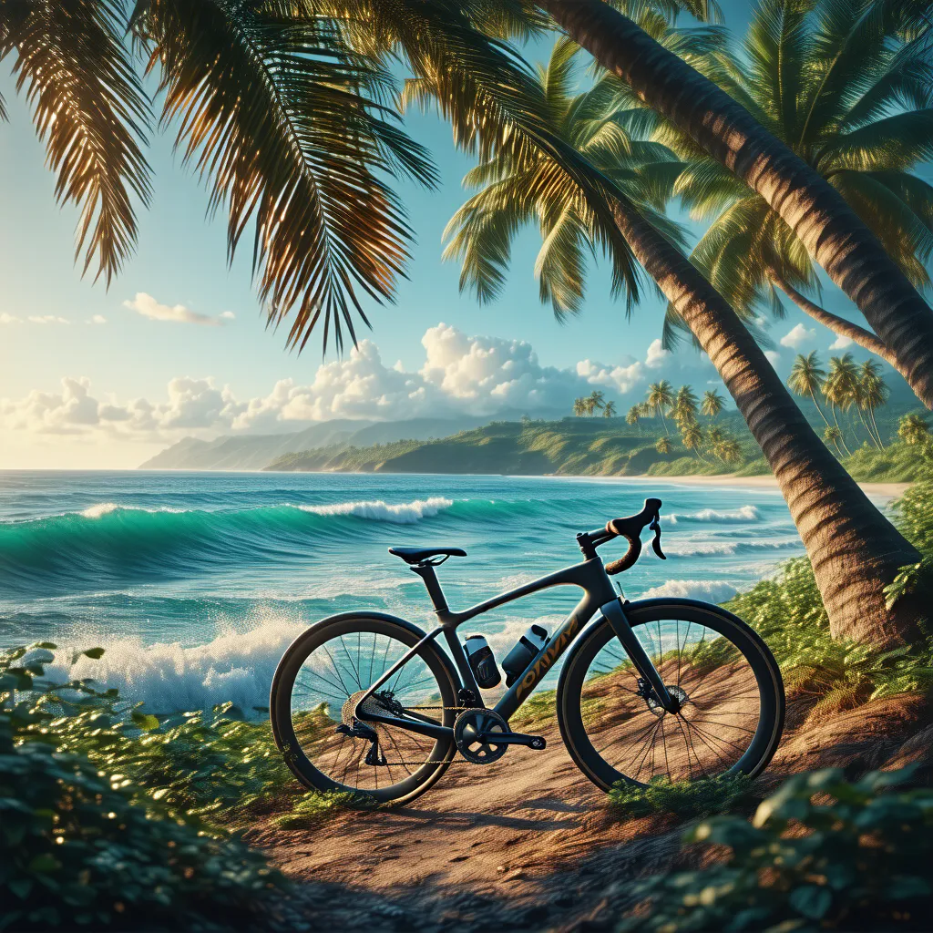 "Hawaiian coastline, ocean and palm trees, a placed bicycle, afternoon, highest quality