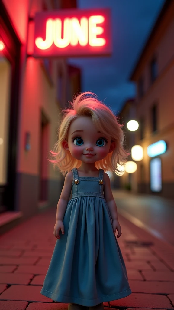 Mets le bébé aux yeux bleus de la photo qui est une nommée June debout dans une rue très éclairée de nuit, une enseigne lumineuse JUNE, elle porte une robe de soirée. Ultra détaillé, ultra ressemblant, ultra réaliste, respect de l'âge, 8K