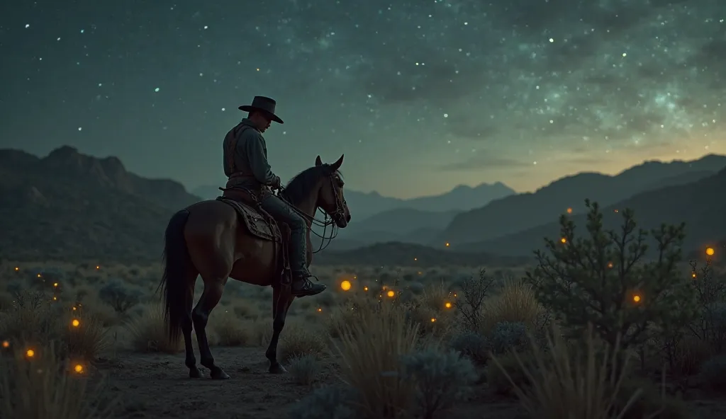 A LONELY COWBOY RIDING A HORSE WITH HIS HEAD DOWN, old west landscape, VERY DETAILED REAL IMAGE, IT'S NIGHTTIME THERE ARE FIREFLIES