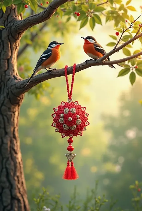 Make an image of a martenitsa on a beautiful tree with two singing birds in the background. 