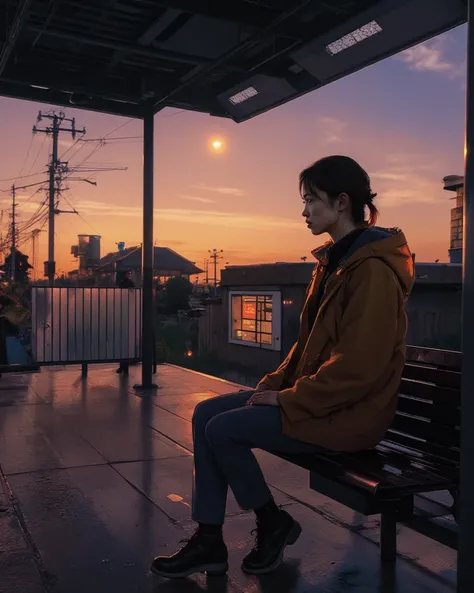 high resolution, rich contrast, best quality, (anime style), pop art,  Anime art,  1 girl , Alone, anime style, ((full body))
BREAK
Sit on a, Home, sunset, One Woman, bench at the station, looks into the distance,  sad expression,  backlit, Warm Light,  ro...