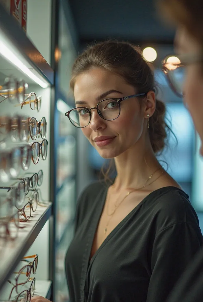 A video of a woman choosing glasses in an optician 