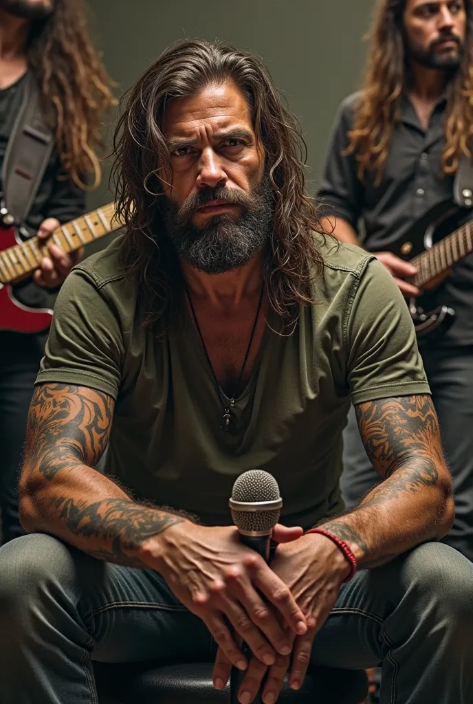 A realistic rocker,  with a beard because he is , Hairs longos e suado, looking calm and introspective, sitting on a bench or chair with a microphone in his hand. He is in a studio or stage environment,  with soft and dramatic lighting ,  highlighting her ...