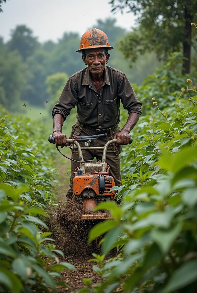 An individual working using a bursh cutter attached to the person without wearing the required PPE and highlights the risks associated with using Brush cutter without wearing the required PPE