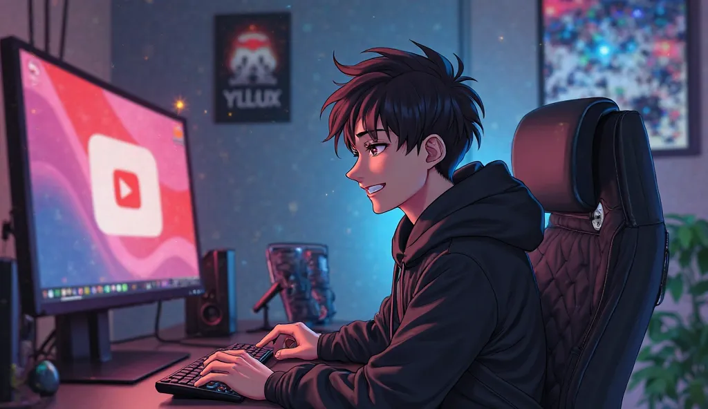 Create a anime boy who have a  mature looking like a man facing in front  he is a  YouTube content creator, sitting in his studio with futuristic gadgets, and there is mic near him ,wearing black hoodie, smiling, and there is 2 posters of youtube in his ro...