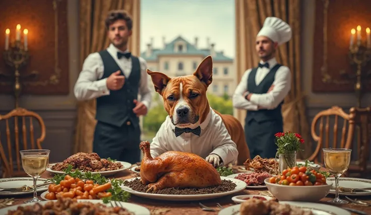 A dog who inherited a fortune and became a millionaire is shown in a luxurious living room with a dinner table. The dog is looking at a roasted chicken while it is buried in the ground. The dinner table has various dishes, including chicken, meat, and othe...