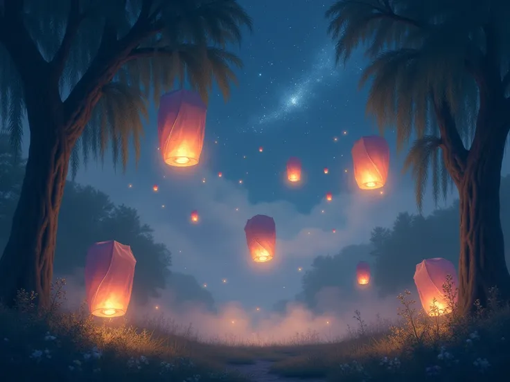 Illuminated flying lanterns, starry sky, Mystic, fairy tale, foggy, peaceful atmosphere, weeping willow