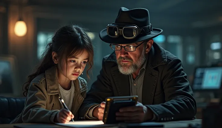 “A dad in a spy hat, with a clipboard and goggles, sits with his daughter, getting a secret assignment.”