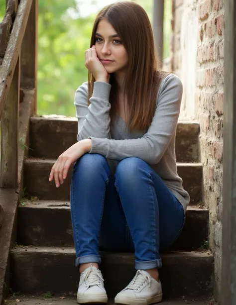 woman sitting on a staircase. Does a thin sweater on. Eine Jeans und Turnschuhe Stil Fotorealistisch,  sharp focus, very detailed, sunlight, Detail , Fotoreal,  full body