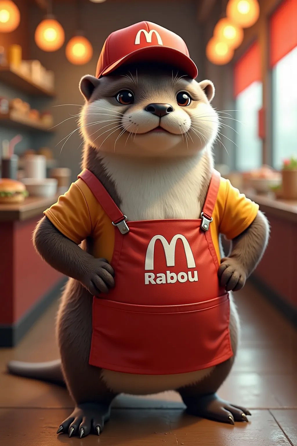 photorealistic full body portrait of Dressed animals - a ((fat)) (baby otter) fast food worker,(art by Giuseppe Arcimboldo),(happy smile:1.5),(furry), high quality,(lovely) hands on hips,, (Wearing fast food shop uniform) , (wearing apron and shirt with lo...