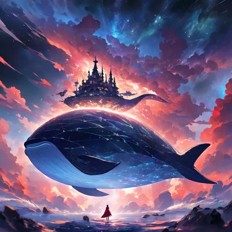 "A giant cosmic whale made of translucent galaxies swims through an endless sea of clouds, with a floating castle resting on its back. Ethereal beams of light pierce through the mist, and a lone traveler in a red cloak stands on a floating rock, gazing in ...