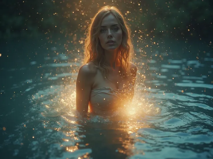 A mesmerizing European woman stands in a calm body of water, her reflection shimmering beneath her. Ethereal light swirls around her, wrapping her in a mystical glow. The soft ripples of water catch the golden and blue hues of her surrounding energy. Ultra...