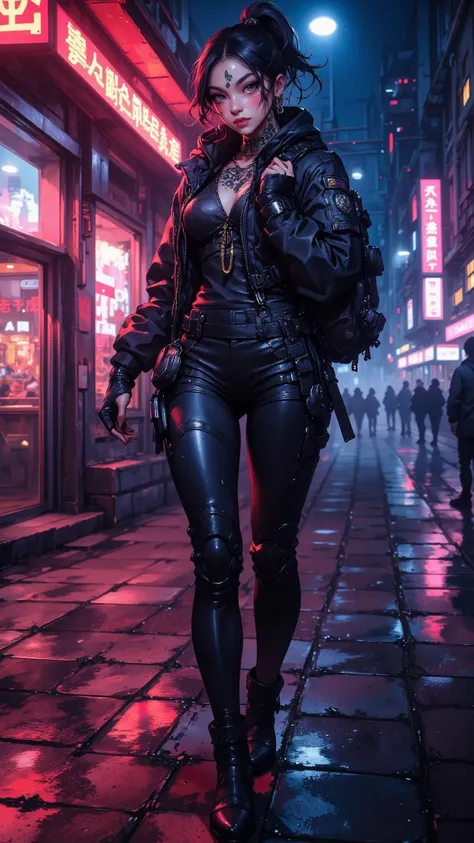 A cool girl，High Value 1.5，Fine Tailor 1.5，Sexy Lip Edge 1.0，full body shot，High realism， High detail， HD ，8K quality，Sharp eyes，looking_up , Dark Hair，short ponytail，type vest，Fit Black Leather Jacket，black leather pants，Black Backpack ， black leather boo...