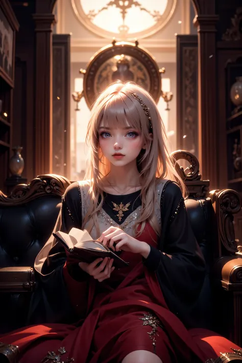 greige beautiful girl with long hair up reading a book on a gothic black sofa reading a book from the window々The sight of the rising sun shining in, an all-lace shirt dress, the bright light of the Asahi Sun, the room where the light shines in, the beautif...