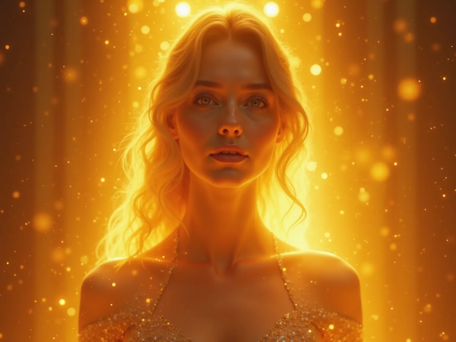 A divine European woman stands bathed in radiant golden light. The luminous aura around her pulsates gently, illuminating her elegant features. Her expression is serene, embodying enlightenment and inner peace. The background shimmers with soft ethereal te...