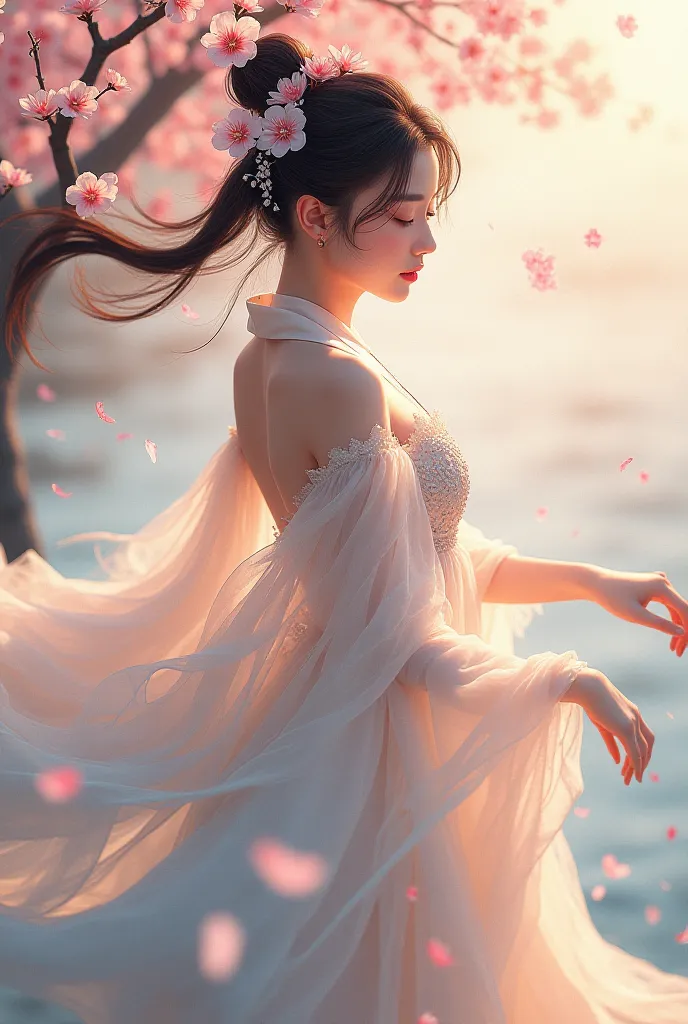 Japanese anime combined with Chinese style,Extremely beautiful art, HD ,Cherry blossoms,fan,Flowy Costume,Relaxing feeling,masterpiece,Golden ratio of body shape,