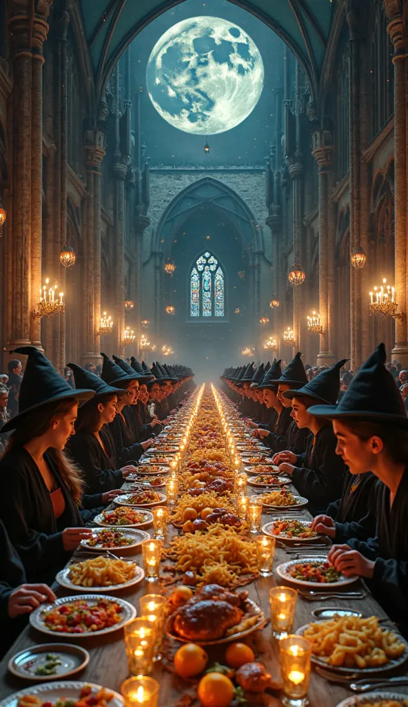 "A grand enchanted feast in a magical castle's great hall, inspired by the Harry Potter universe. Long tables are filled with an abundance of delicious food—golden goblets, fresh fruit, crispy fries, and roasted meats. The ceiling is bewitched to resemble ...