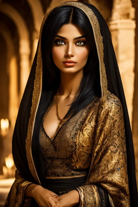 A persian Woman, with black hair, with light fair skin, with light amber eyes, in the medieval epoch