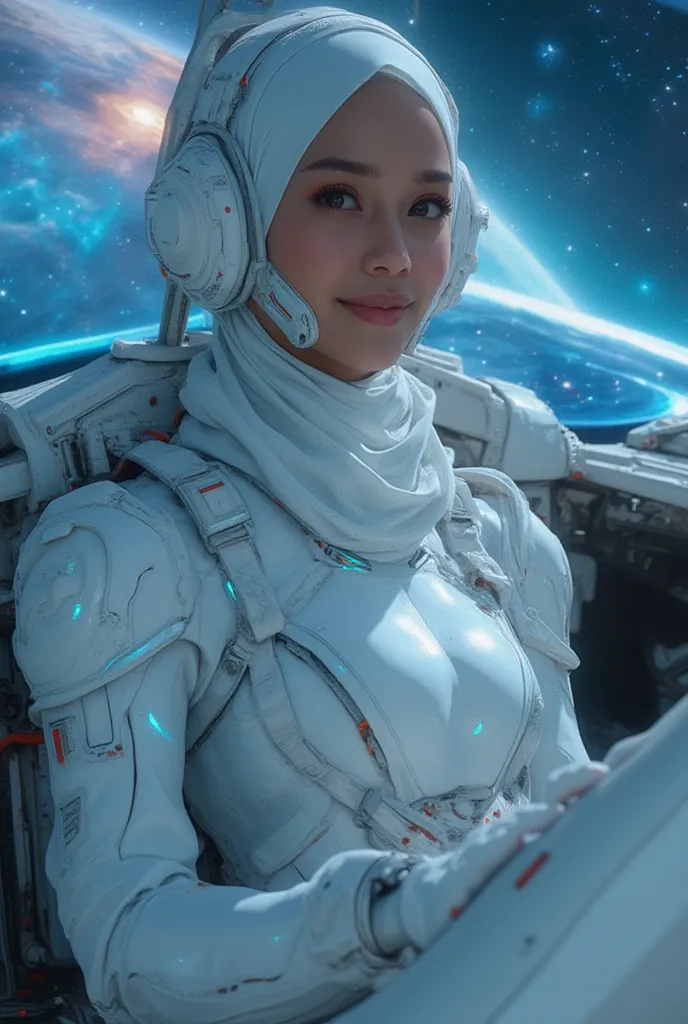 Half body photography of indonesian mature female cyber plan pilot, sitting on the cockpit deck of megacyber, wearing solapunk cyber harness with full hijab,cheerful beauty face,  intricate cockpit detail, navigation controller, cyber White uniform, straig...