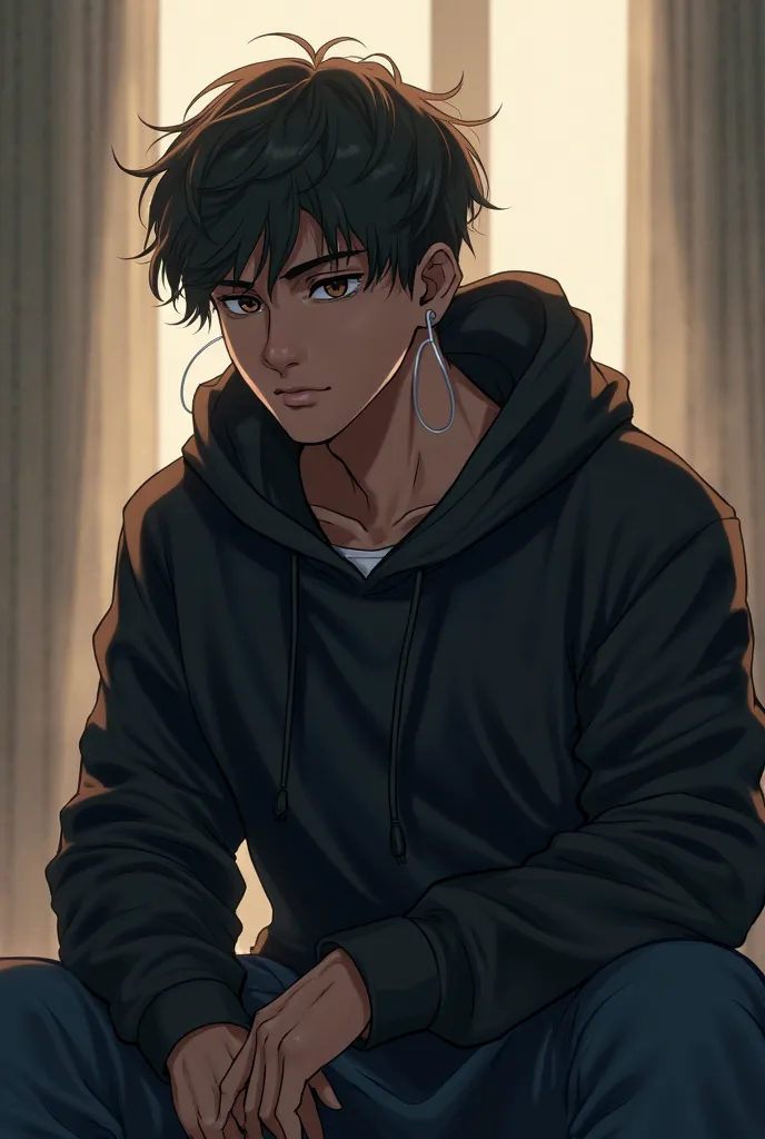 
Man, man,  sitting sad , wearing a black hoodie, Black Head Hiccup, light brown eyes, brown skin, Silver Pew Around,  casting, anime, HD, Age 22 , 