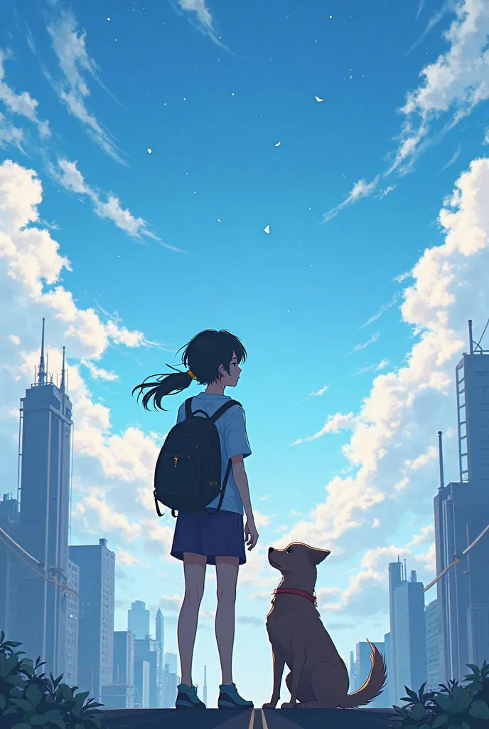 Backview of a city girl  and her dog looking up at the sky