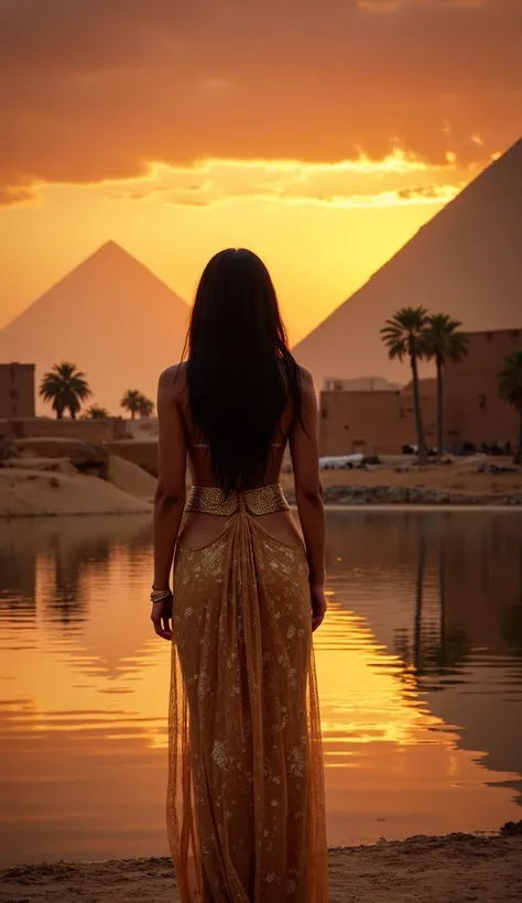 Beautiful queen Cleopatra light brown eyes long straight black hair big breasts thin waist wide hips with big butt in sexy see-through dress with slits from Ancient Egypt standing reverently on the banks of the Nile River at sunset, with temples and palm t...