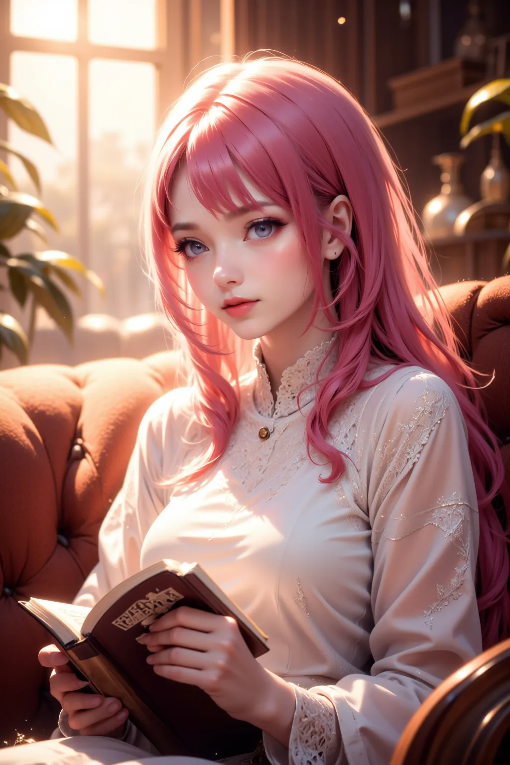 An up of a beautiful girl with pink long hair reading a book on a stylish sofa々The sight of the rising sun shining in, an all-lace shirt dress, the bright light of the Asahi Sun, the room where the light shines in, the beautiful girl's gaze is directed at ...