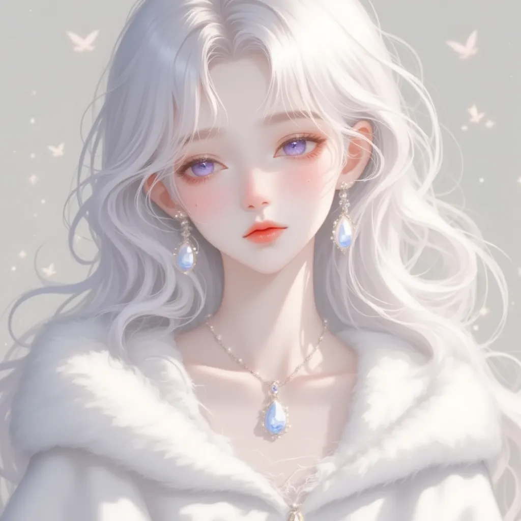 A portrait of an anime girl with soft silver hair and sleepy lavender eyes. Her expression is calm and relaxed, with a cozy oversized hoodie framing her face, giving her a peaceful and dreamy vibe.