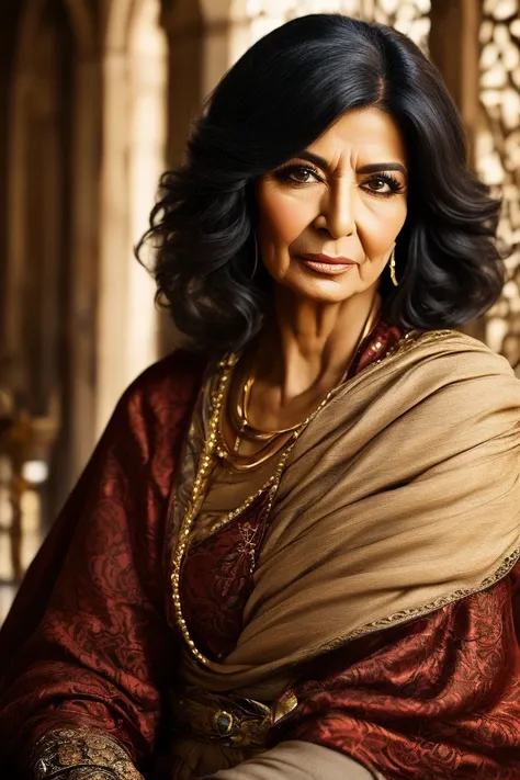 A persian mature Woman, with black hair, with light fair skin, with light amber eyes, in the medieval times