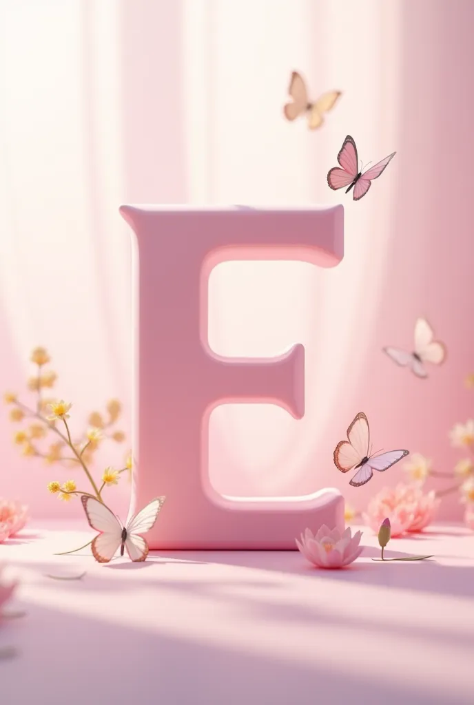 Create image with capital letter E and clean pink tones with shadows and butterflies flying on the letter E 