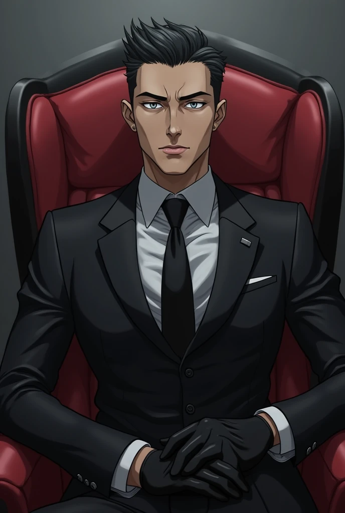 Men, A tall and dominant mafia CEO with neatly short styled black hair and piercing gray eyes, Black CEO suit, black gloves, Sitting in a big black and red chair, Neat clothes, Dark gray background, Soft light beam, straight line jaw, pointed nose, Solo

A...