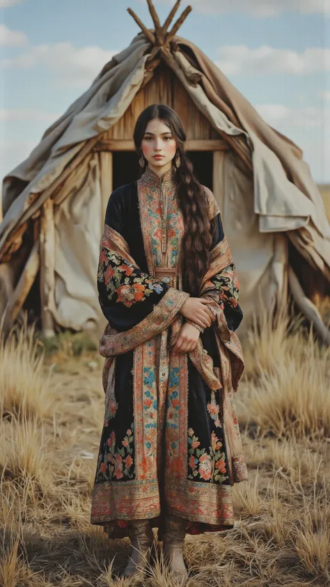  Kazakh sexy women， Kazakh face，Kazakh embroidered clothing，,alone, black braided hair,Gorgeous style，full body， embroidered boots，prairie blanket house background