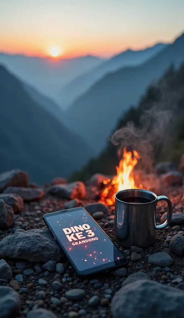 Close-up cinematic portrait, a black Xiaomi Android cellphone with wallpaper on the cellphone screen reading the text "DINO KE 3 GRANDONG" in large letters and attractive colors lying on rocks next to a stainless mug containing hot black coffee with smoke ...