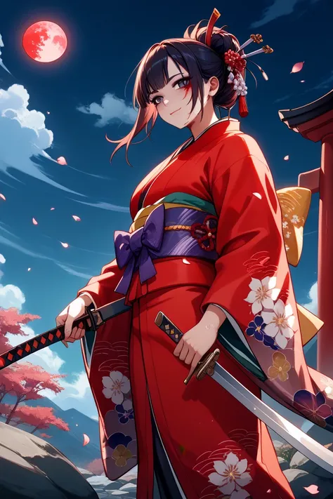 high image quality:1.2、(A beautiful woman in kimono who holds the handle of a Japanese sword with her right hand and hits the enemy with the blade:1.5)、Squint and look down、Tilt your neck far to the side:1.5、Japanese、Point the tip of the blade in the direc...