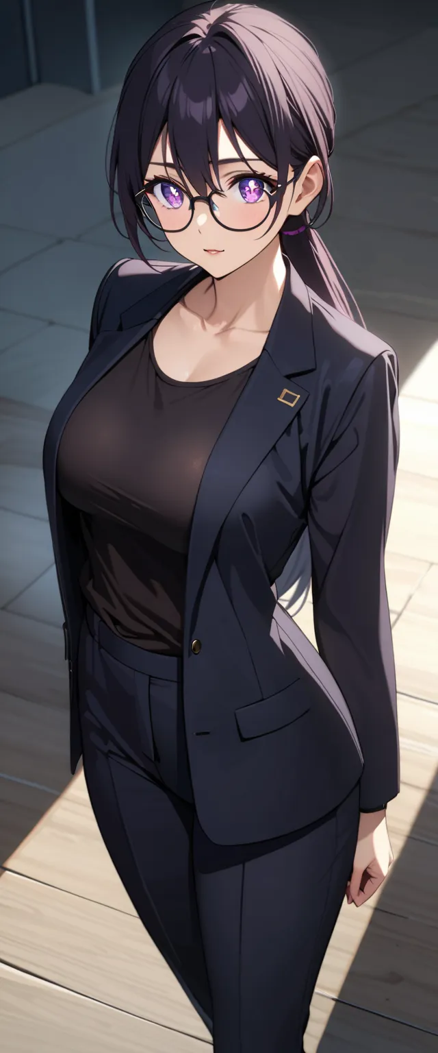 Hizuru Minakata, long black hair, shiny and well-defined hair strands, purple eyes, sparkling eyes, light reflection in eyes, subtle lip gloss, radiant skin glow, beautiful breasts, wearing a black jacket, black tank top, black trousers, suit, glasses, bla...