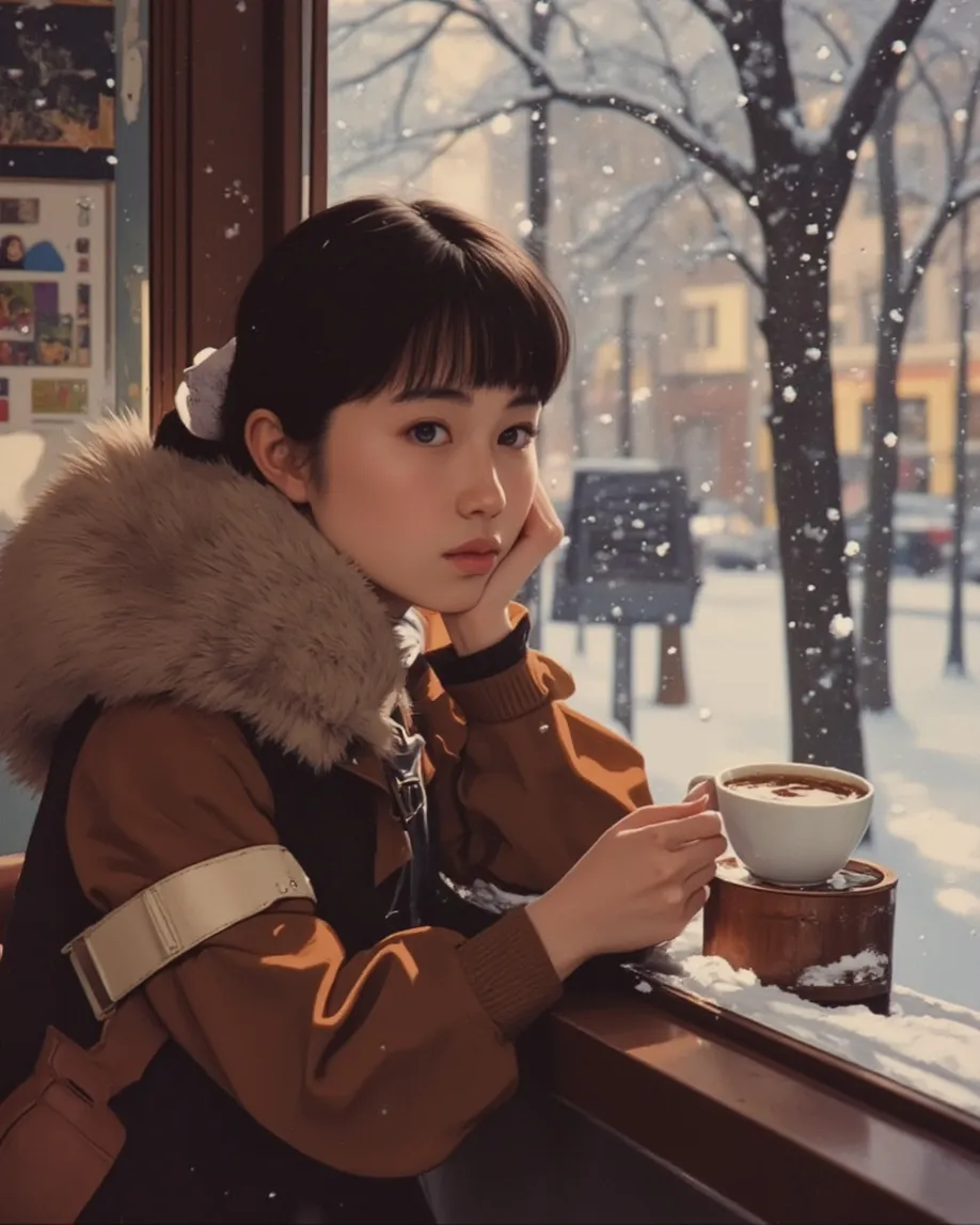 high resolution, rich contrast, best quality, Ogawa Noriko , (anime style), pop art,  Anime art,  1 girl , Alone, anime style, ((full body))
BREAK
cafes, Window, One Woman, coffee cup, Looking Outside, Soft Light, winter, snow,  romantic,  warm atmosphere