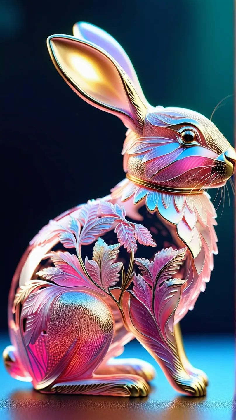 Iridescent rabbit made of very delicate glass, translucent, Small gold accents,  Beautiful and intricate details , Mysterious glow, Fantastic, art：Mschiffer, Highest quality, ガラスart,  Magical Hologram Sparkle  , watercolor, I'm wearing a, sharp concentrati...