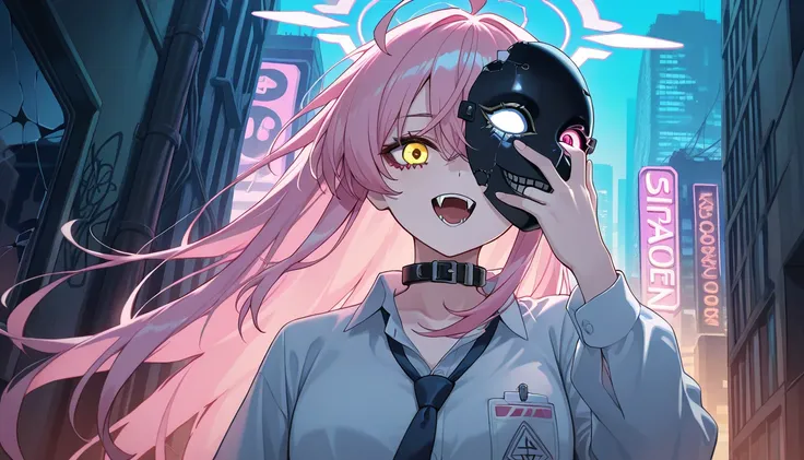 걸작,top quality,very beautiful,very high resolution,1 female,Hoshino_\( _ storage \), pink_ hair ,alone, Dichroism , _shirt,long_ hair , _eye, fangs, _tie,Ahogeo,yellow_eye,collar_shirt, hair _ between _eye, pink_halo,shoulder_Looking for a strap ,heterochr...