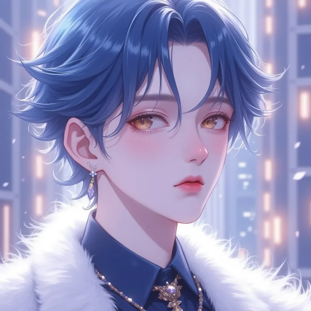 A stylish anime boy with neatly styled dark blue hair and sharp golden eyes. His cool, confident expression is framed by soft city lights in the background, adding a modern and sleek touch.