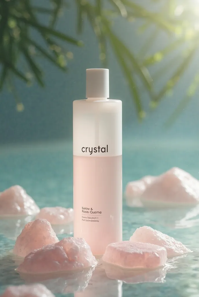 Shampoo labeled " crystal" The shampoo is in the water, rose quartz stones in water