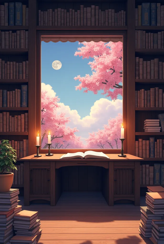     Vue de face d'une bibliothèque japonaise avec de nombreux livres anciens et un bureau japonais,fleurs de cerisier roses, éclairé par des bougies, lune légèrement visible, ciel nuageux, 