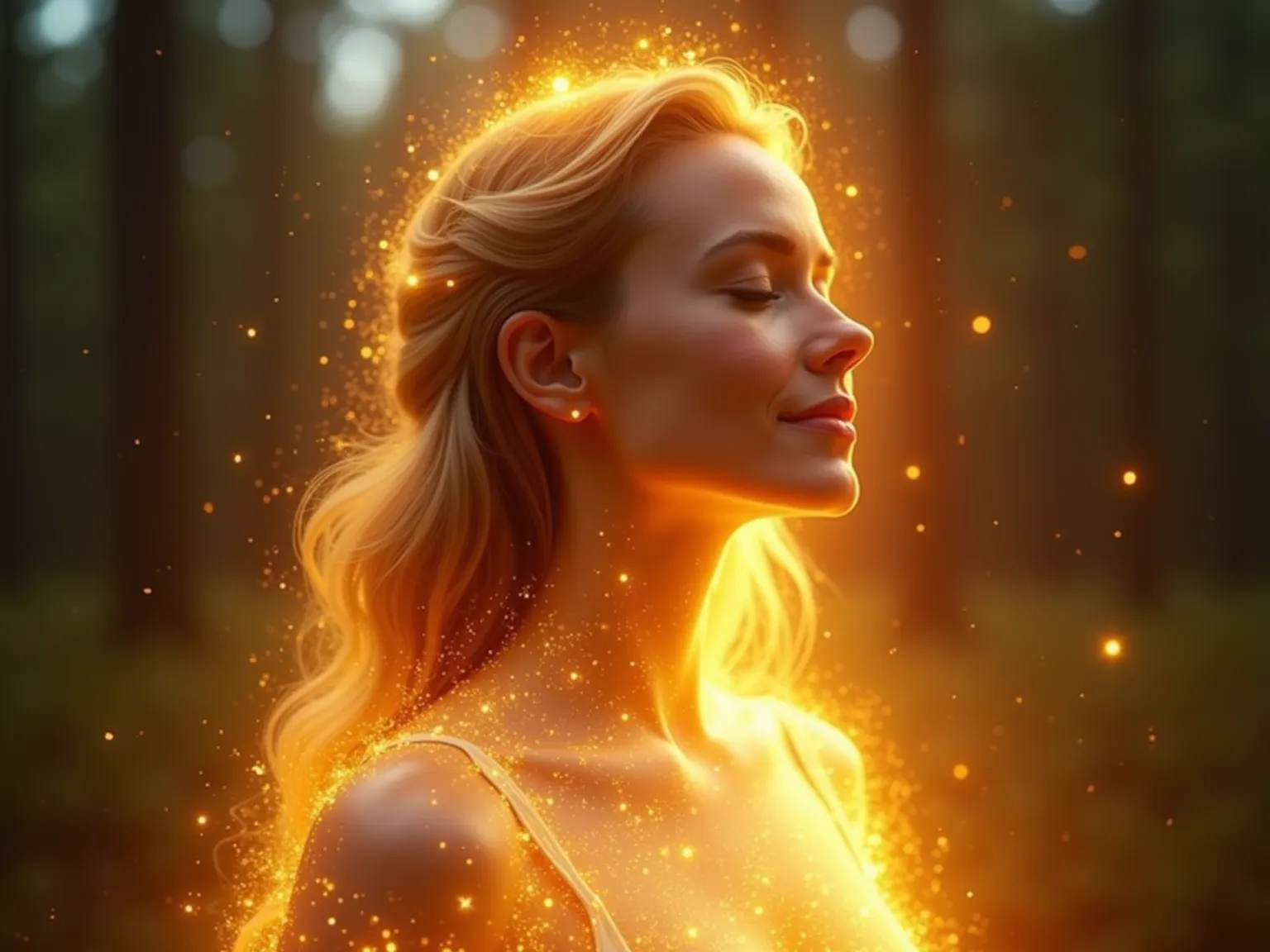 A divine European woman looks satisfied with closed eyes and stands bathed in radiant golden light. The luminous aura around her pulsates gently, illuminating her elegant features. Her expression is serene, embodying enlightenment and inner peace. The back...