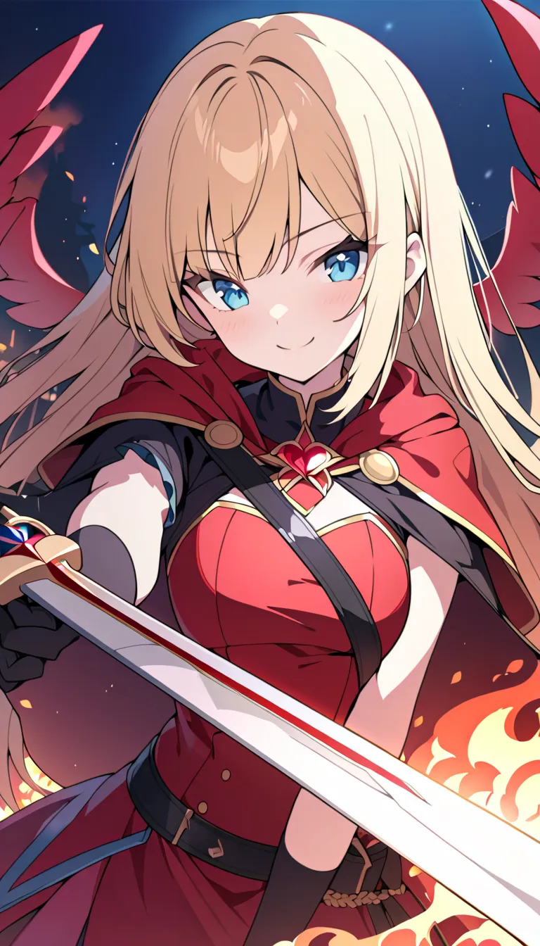 1girl, solo, blonde hair, blue eyes, masterpiece, best quality, wings, at night, fire burning, red cloak, black coat, red dress, upper body, black long gloves, holding a sword, magical girl, combat, long hair, bangs, smile