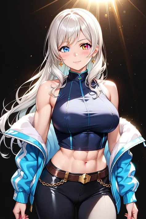 Kaname Rana, A 180cm tall, adult girl with long white hair(hair style: long hair, layered haircut, white hair, long bangs, anime style), heterochromia eyes (one golden, one blue), large breasts, and a muscular yet curvaceous build, 6 pack of abs, wearing a...