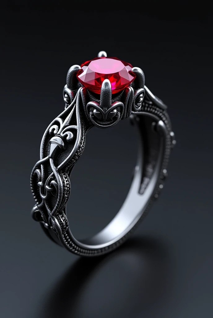 "A bit darker silver engagement ring with a deep red spinel gemstone in a cathedral setting. The band has subtle medieval-style carvings of scrollwork and quatrefoils, with asymmetrical curves and a hand-forged texture. The prongs are shaped like delicate ...