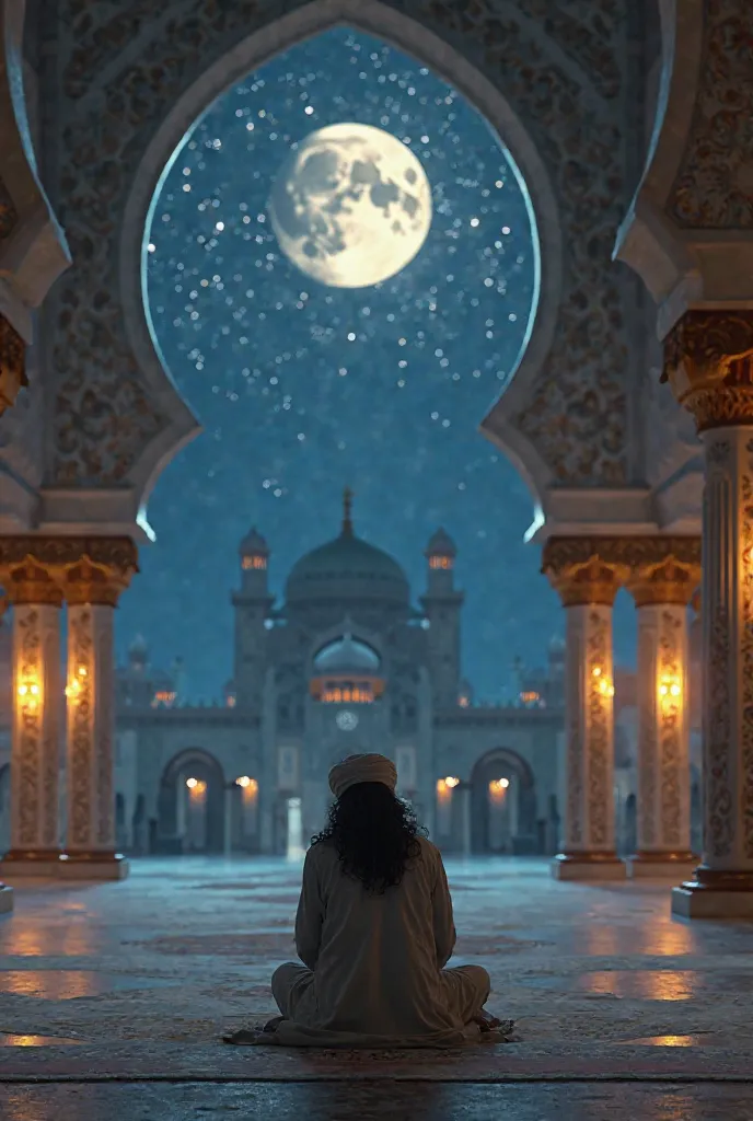 A handsome man 25 years old long thick wavy hair man bow his head to the big mosque floor performing solah. wearing sorban, full moon nigt full star, 4k photo quliaty, v ray  light. octane render