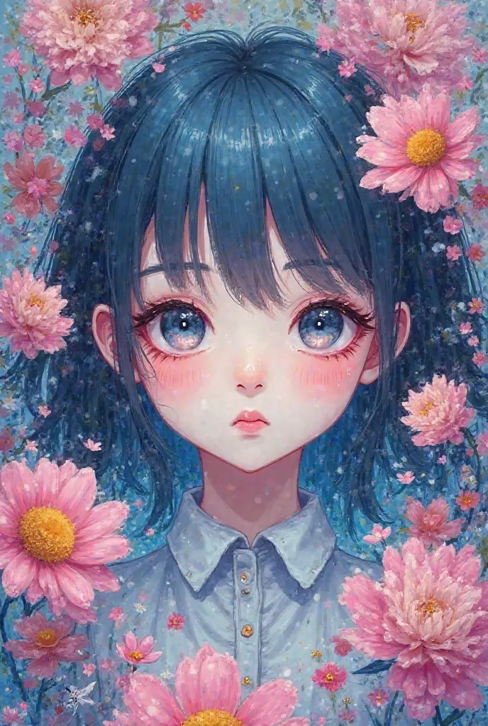 Blooming girl blue art painture style bizarre anime, gros yeux close to eyes flower. Visage blanc crayon blue pink, colorful