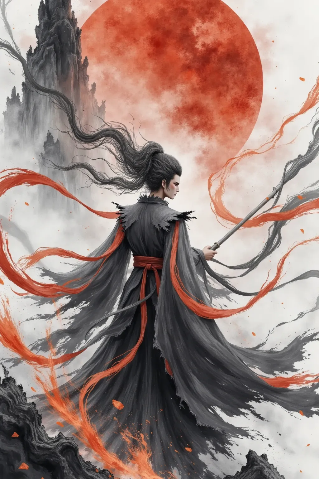 high quality, super realistic,4K,8k,Masterpiece,Extreme Details,Realism,Professional Photography,Chinese martial arts,Chinese Ink Painting,huge flowing long flowing hair, Handsome Male ,Broken robes,Dynamic action ,Mysterious Smoke,Red hue, with a spear 